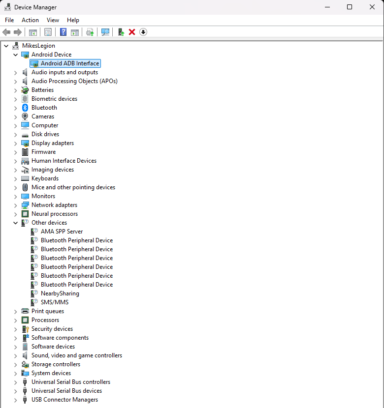 Windows Device Manager after the driver: the Dot listed under Android Device as Android ADB Interface