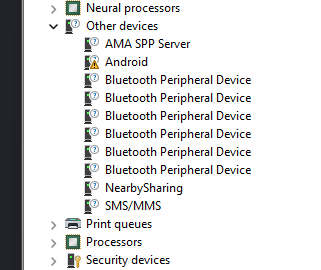 Windows Device Manager before the driver: the Dot shows up under Other devices as an unknown Android device