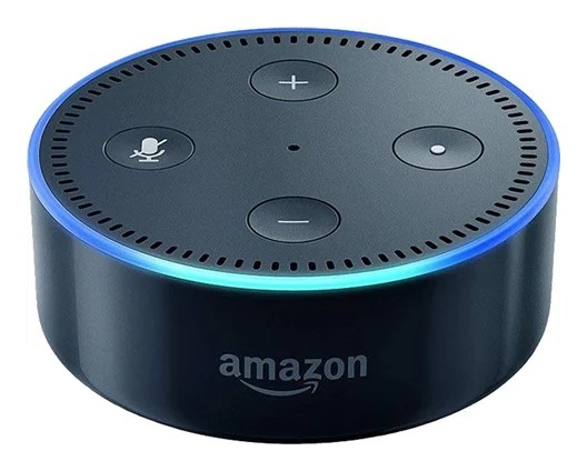 The 2016 Echo Dot: a short black puck with four buttons on top and a blue light ring