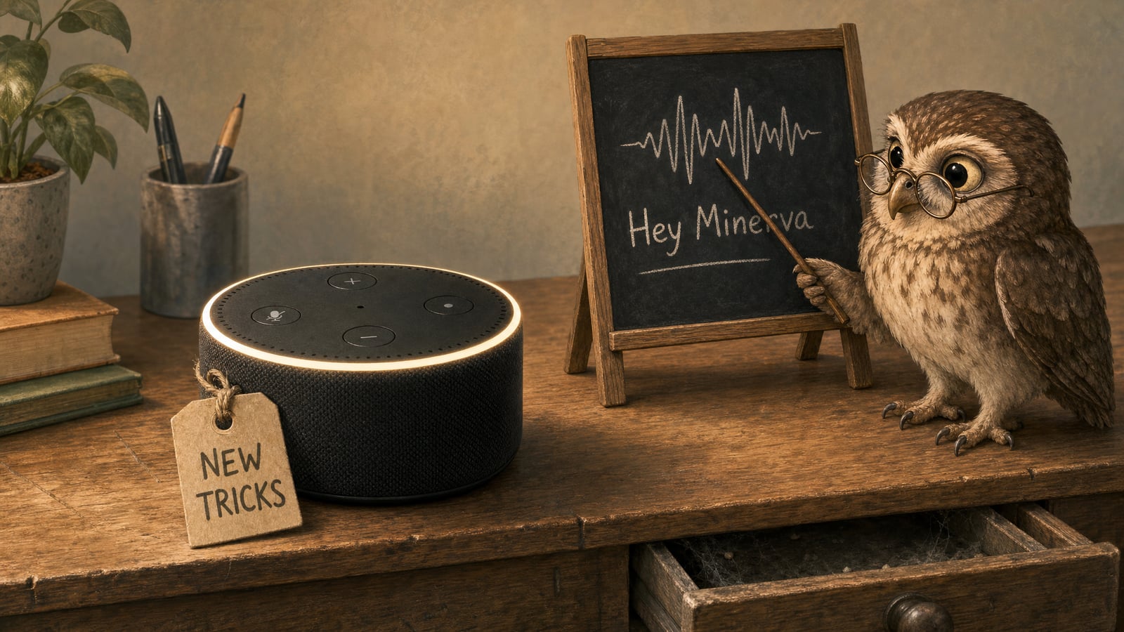 An old Echo Dot on a desk being taught the wake word Hey Minerva by an owl at a chalkboard