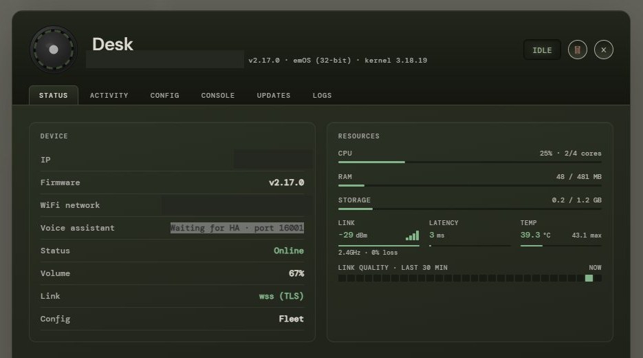 The EchoMuse dashboard device page for the Dot, named Desk: online, firmware v2.17.0, 48 of 481 MB RAM, waiting for Home Assistant on port 16001